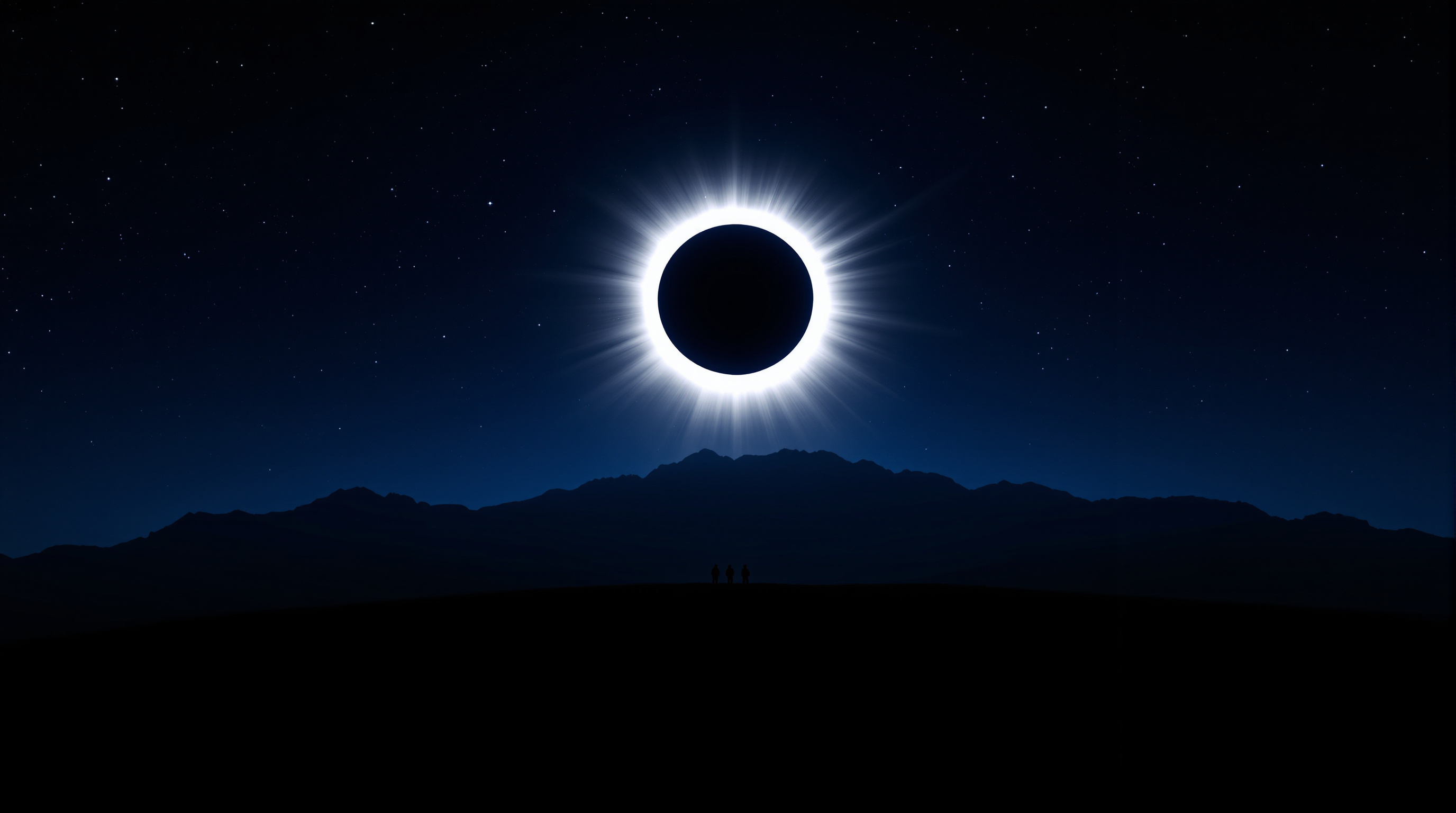 A total solar eclipse with the Sun's corona glowing over an Idaho mountain ridge