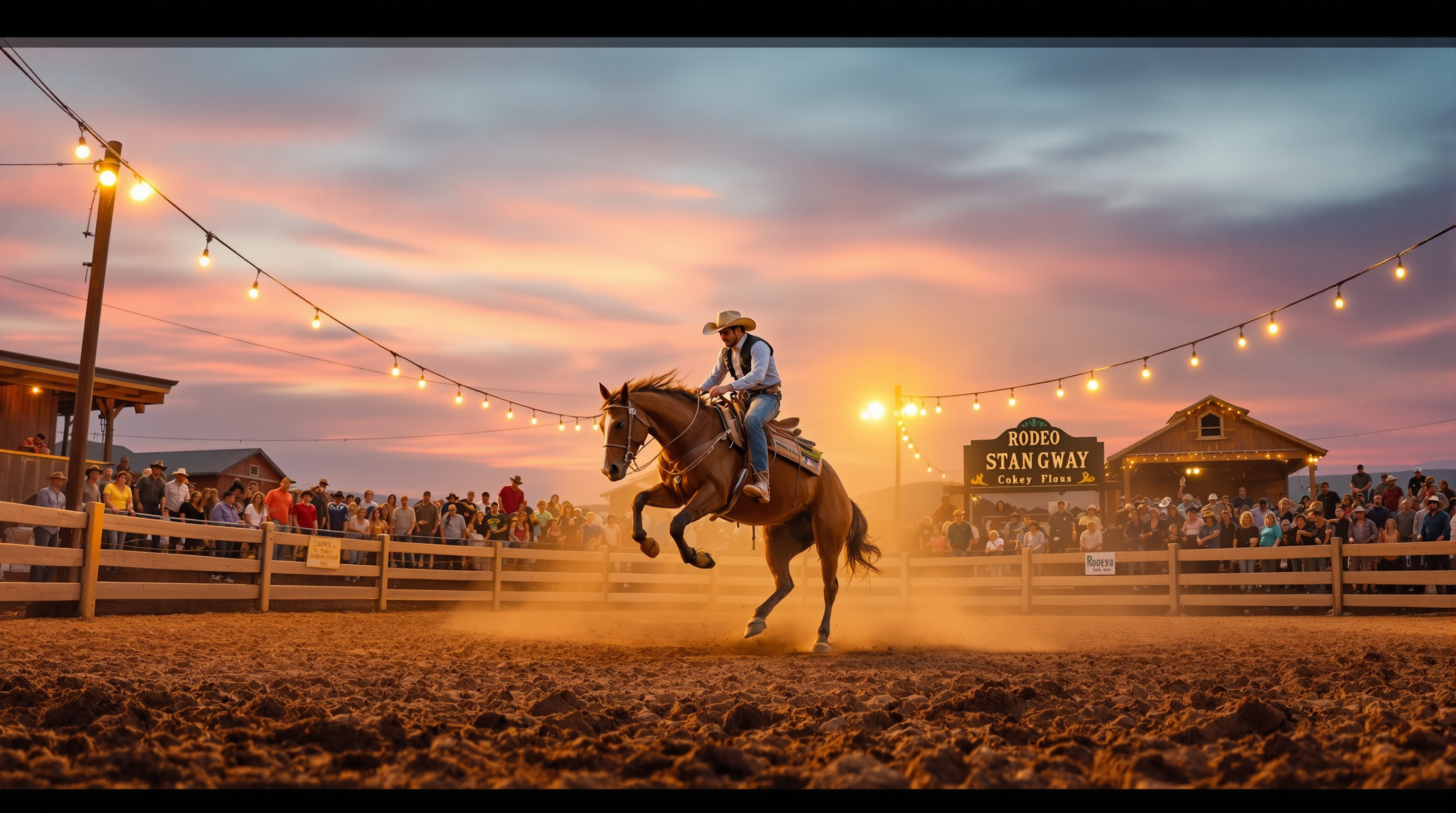 A rider at a small-town rodeo at dusk near Cambridge, Idaho