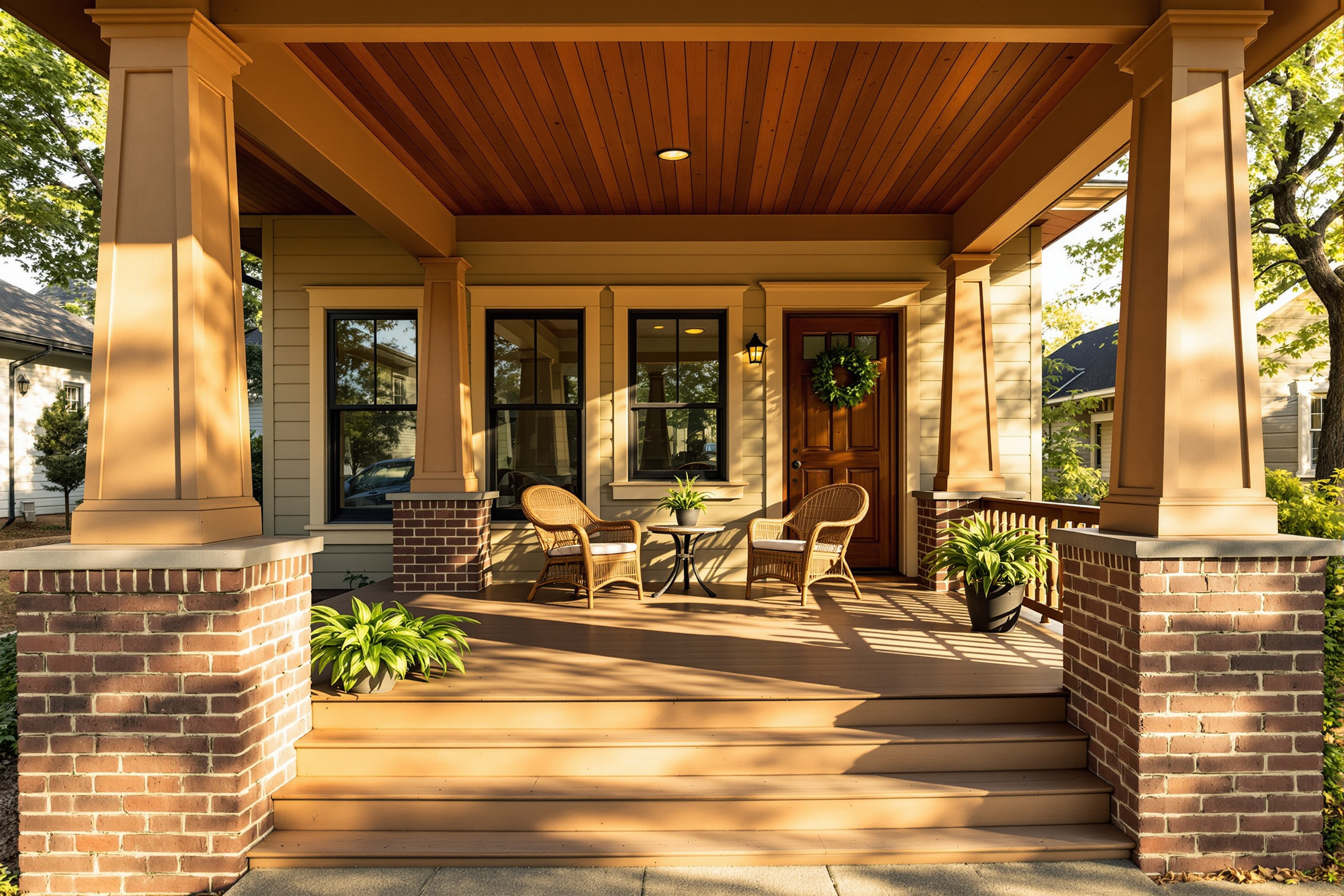 The restored Craftsman front porch of the 1916 Cambridge House
