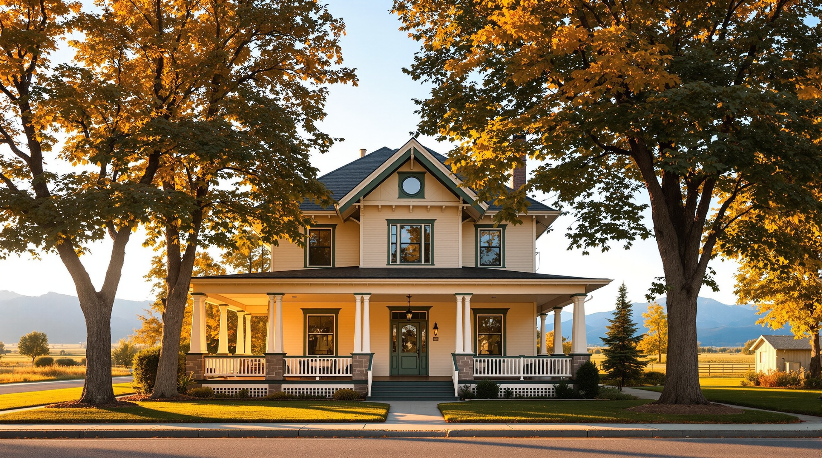 Historic 1916 Craftsman house with a deep front porch framed by autumn shade trees in Cambridge, Idaho