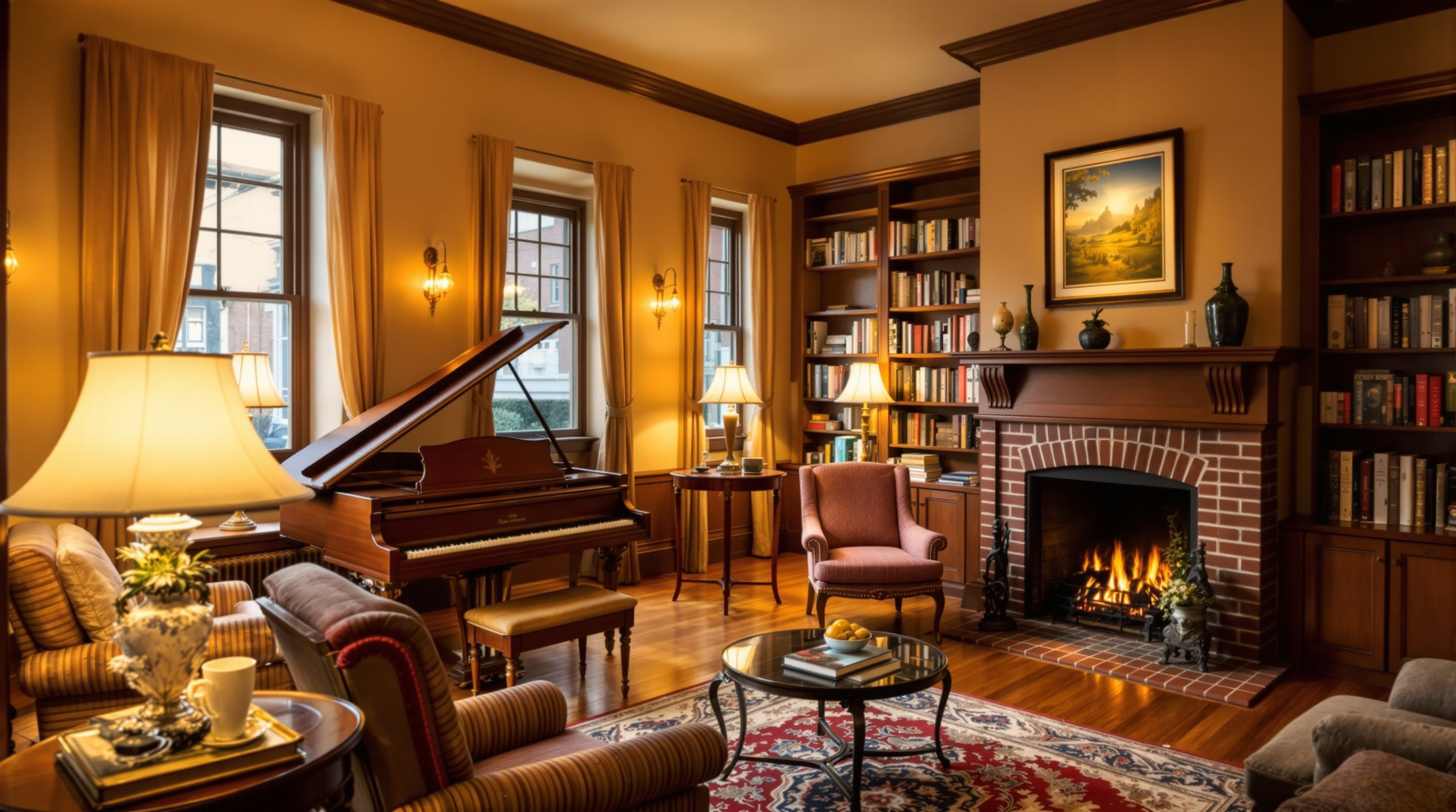 A warm historic parlor with a fireplace and upright piano in a Cambridge, Idaho bed and breakfast