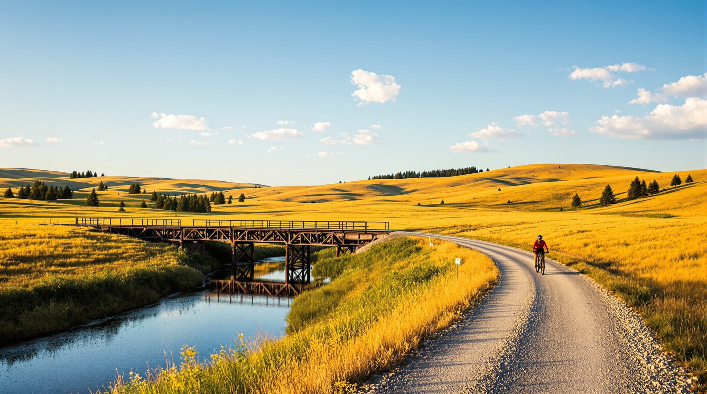 A cyclist on the Weiser River Trail beside an old railroad trestle near Cambridge, Idaho